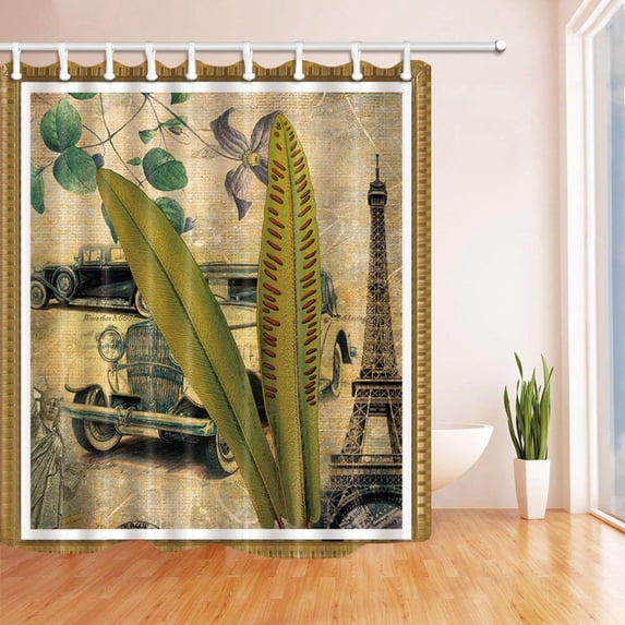 WOPOP Printing Art Decor Eiffel Tower Old Car Polyester Fabric Bathroom Shower Curtain 66x72 inches