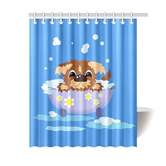 WOPOP Puppy In The Bath With Blue Bagkground Bath Curtain 60x72 inches Bathroom Shower Curtain