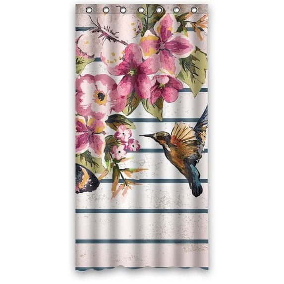 WOPOP Retro Hummingbird Butterfly Flowers StripesShower Curtain Bathroom Decor 66x72 Inch
