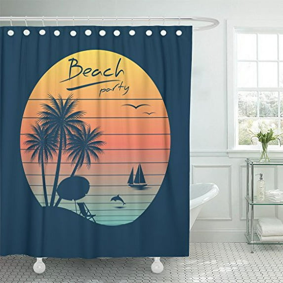 WOPOP Retro Tropical Sunset Surf And Beach Vintage Graphic Design Silhouette Party Shower Curtain Polyester Bathroom Curtain 60x72 inches
