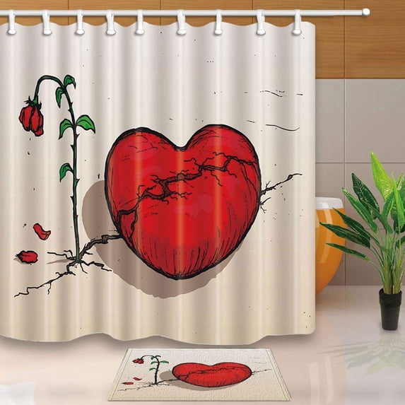 WOPOP Saint Valentine's Day Decor Roses Wither Heart Crack Shower Curtain 66x72 inches with Floor Doormat Bath Rugs 15.7x23.6 inches