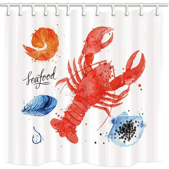 WOPOP Sea Animalsfor Watercolor Drawn Seafood Shrimp Shell in White Polyester Fabric Bathroom Shower Curtain 66x72 inches