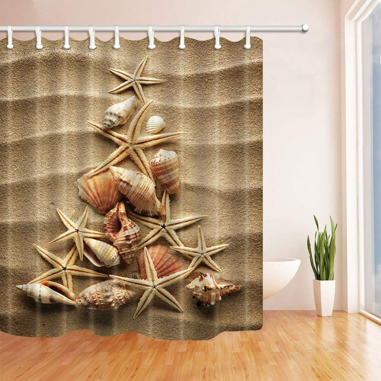WOPOP Seaside Serenity Decor Starfish Shells on Beach Brown Polyester  Fabric Bathroom Shower Curtain 66x72 inches 