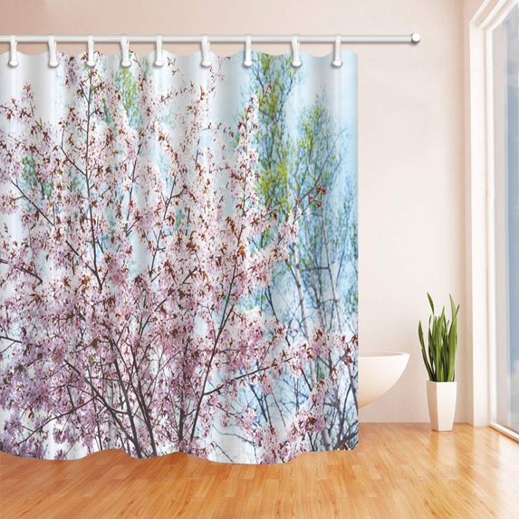 WOPOP Spring Flowers Decor Cherry Blossoms with Green Leaves Polyester Fabric Bathroom Shower Curtain 66x72 inches