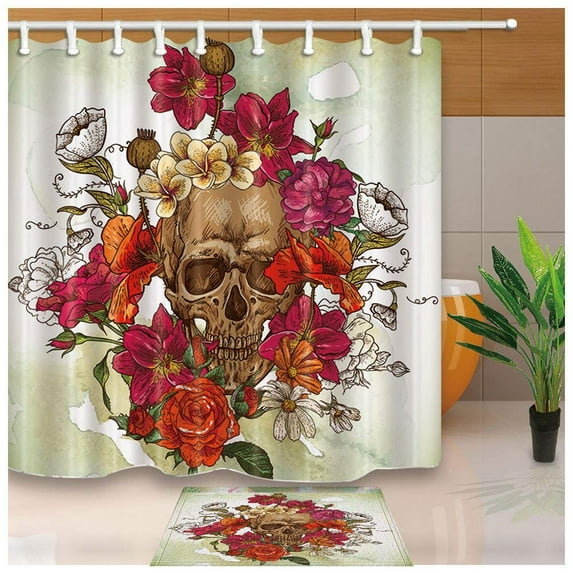 WOPOP Sugar Skull Skull in Watercolor Rose Flower Shower Curtain 66x72 inches with Floor Doormat Bath Rugs 15.7x23.6 inches
