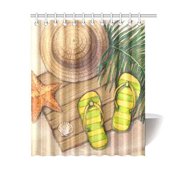 WOPOP Summer Holiday Hat, Flip Flops, Shells And Starfis Waterproof Fabric Shower Curtain Bath Curtain 60x72 inches
