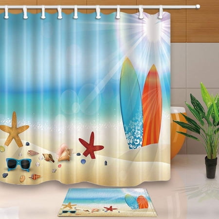 WOPOP Sungalsses and Surfboard on Beach under Sunshine Shower Curtain 66x72 inches with Floor Doormat Bath Rugs 15.7x23.6 inches