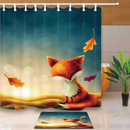 WOPOP Sunset Animals Bath Curtain Set Little Red Fox in Autumn Forest with Leaves Shower Curtain 66x72 inches with Floor Doormat Bath Rugs 15.7x23.6 inches
