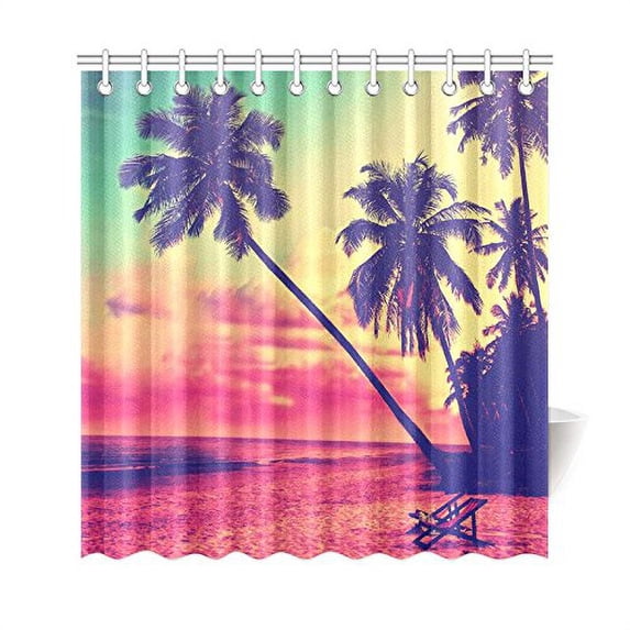 WOPOP Sunset Tropical Sea Beach Shower Curtain,Nature Island Coastal Palm Tree Leaves Polyester Fabric Shower Curtain Bathroom Sets with Hooks 66x72 Inches