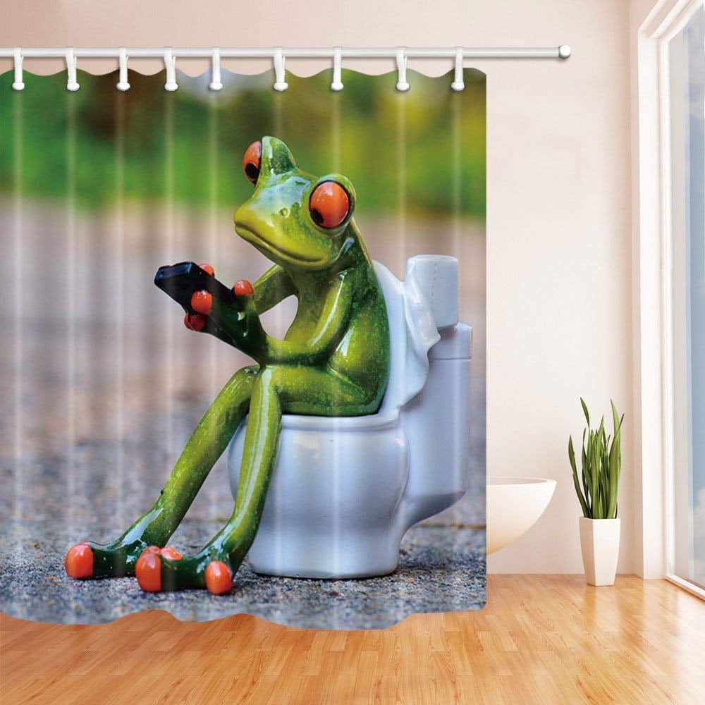 WOPOP The porcelain frogs sat on the toilet Polyester Fabric Bathroom  Shower Curtain 66x72 inches 