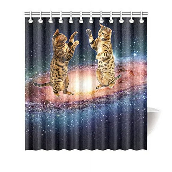 WOPOP Two Fighter Cat in Galaxy Space Waterproof Fabric Shower Curtain Bath Curtain 66x72 inches