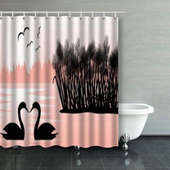 WOPOP Two Swans Lake Reeds Sunrise Flat Painting Shower Curtains Bathroom Curtain 66x72 Inch