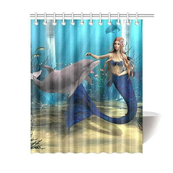 WOPOP Underwater World Shower Curtain, Mermaid Dolphin Polyester Fabric Shower Curtain Bathroom Sets 60x72 Inches