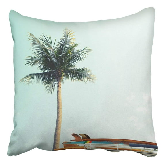 WOPOP Vintage Car Parked On The Tropical Beach Seaside A Surfboard Pillowcase 16x16 inch