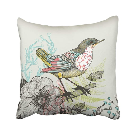 WOPOP Vintage Of Forest Bird And Blooming Flowers Spring Botanical Branch Sketch Nature Floral Pillowcase Pillow Cover 18x18 inches