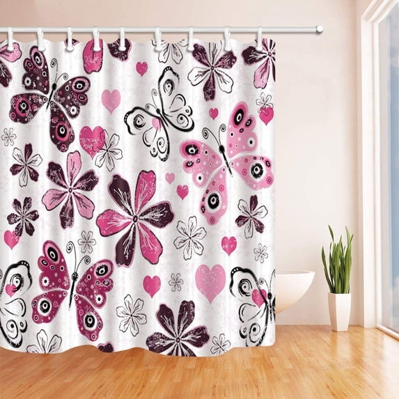 WOPOP Watercolor Flowers Decor Colored Butterflies and Flowers Against White Backdrop Polyester Fabric Bath Curtain, Bathroom Shower Curtain 66x72 inches