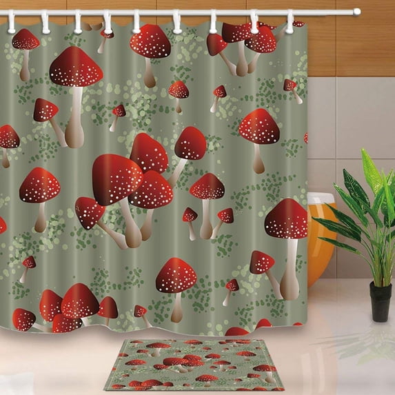 WOPOP Wild Plant Bath Curtain Garden of Flowers Watercolor Magical Red Mushroom Shower Curtain 66x72 inches with Floor Doormat Bath Rugs 15.7x23.6 inches