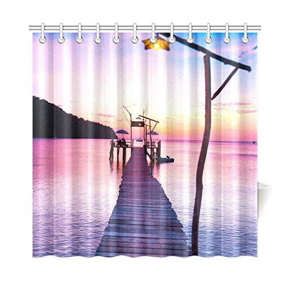WOPOP Wooden Bridge to Ocean Shower Curtain,Sunset Sundown Serenity Path Polyester Fabric Shower Curtain Bathroom Sets 66x72 Inches
