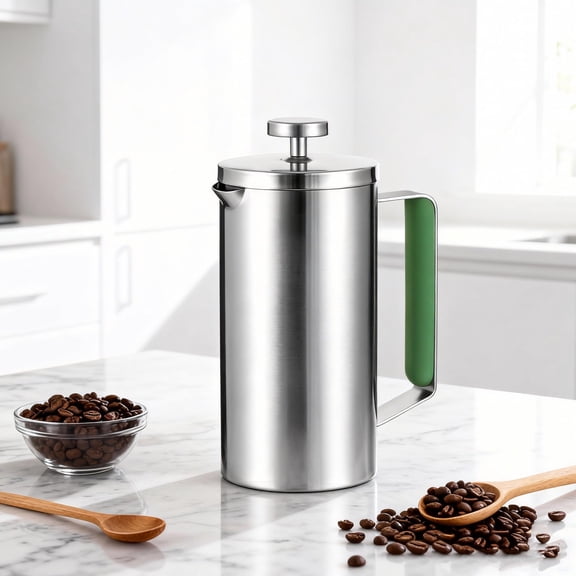 WORBIC Stainless Steel French Press Coffee Maker 21OZ(0.6 Litre), Camping Coffee Press with Green Handle for Personal, Office, Travel(Sanding Silver, 1-3 Cups) A101