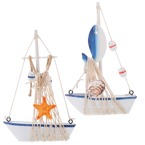 GOOHOCHY Sailing Ornament Mediterranean Style Sailboat Model White Wood 2Pcs Nautical Themed Decor