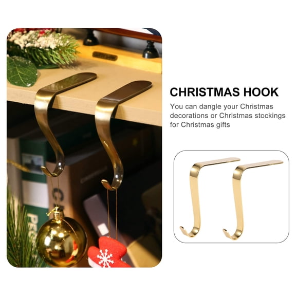 BESTYASH 2Pcs Golden Zinc Alloy Christmas Mantel Hook for Stockings Lights and Gar