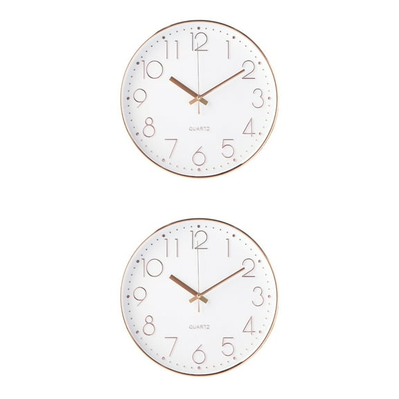 WORGEOUS 2pcs 12 Inch Silent Wall Clock Decorative Round Digital Wall Clock for Living Room Bedroom (Rose Gold)