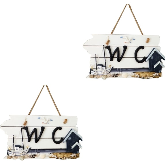 WORGEOUS 2pcs Mediterranean Hand Carved Wall Hanging Wooden WC Plaque Sign Board (Sailing Ship)