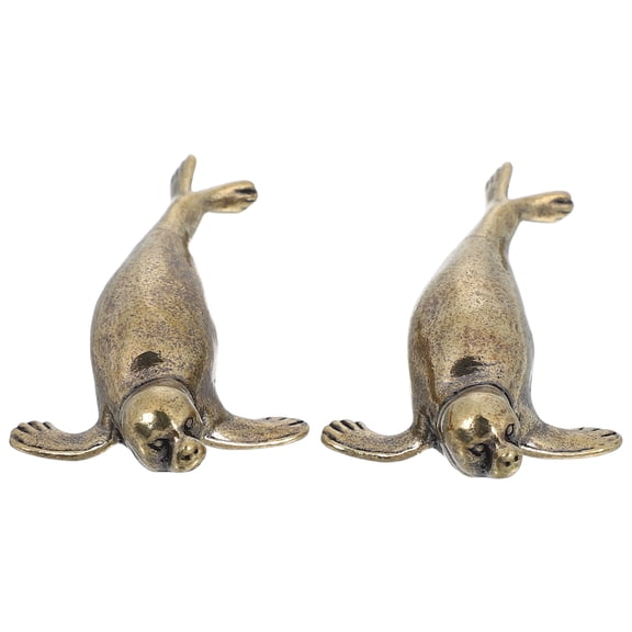 WORGEOUS 2pcs Retro copper Mini Seal Sculptures Adorable Sea Animal Figurines Tiny Marine Animal Models Solid copper Desk Decorations