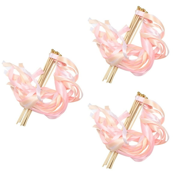 WORGEOUS 30 pcs  Pink Wedding Delicate Ribbon Streamers Fairy Stick Cheer Props Party Supplies Favors With Golden Bell