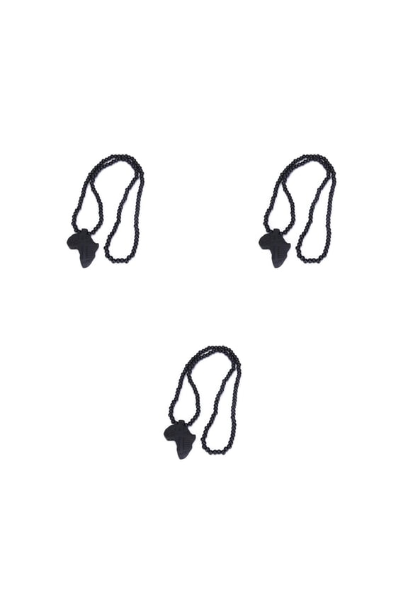 Set of 3 African Tribal Style Wooden Pendant Bead Necklaces in Black Color