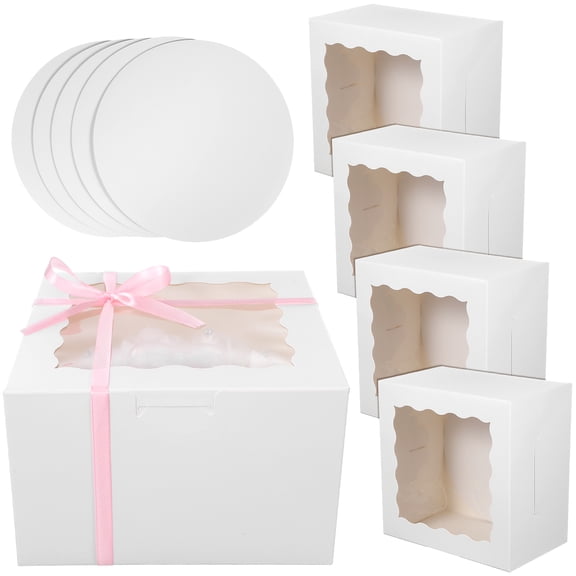 WORGEOUS 5-Pack Cake Boxes with Clear Window, Paper Bakery Boxes for Cake Slices, Candy Packaging, Cake Containers with Board, Baking Supplies