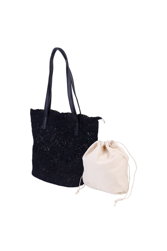 1Pc Chic Lace Bag Black Polyester Shoulder Bag with cate Embroidery for Storage