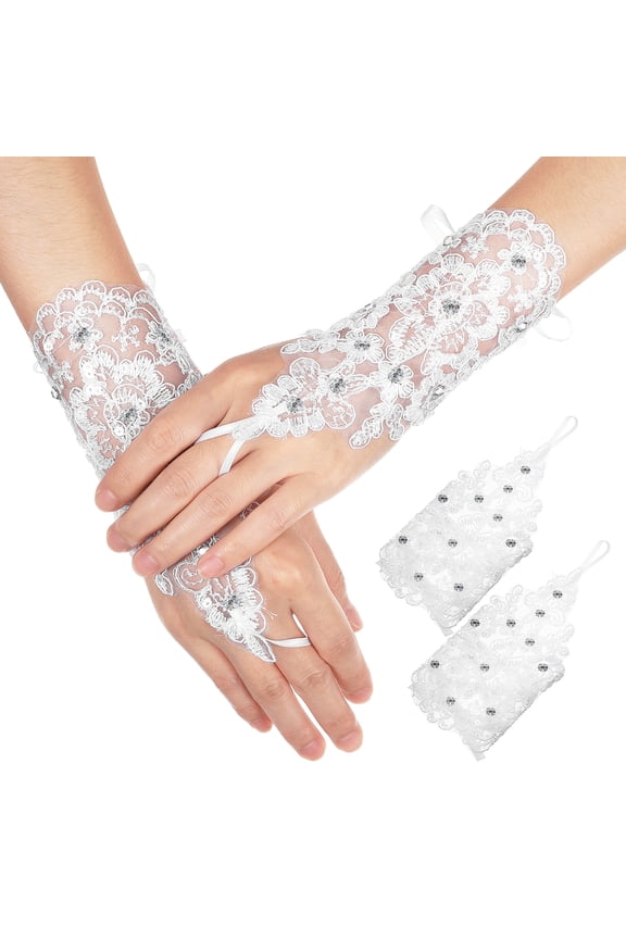 Elegant Bridal Gloves with Lace and Rhinestones for Wedding White Mesh