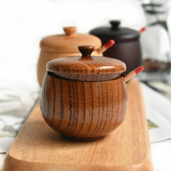 WORGEOUS Jujube Wood Seasoning Jar with Lid Natural Salt Canister Kitchen Spice Storage Pot Container (Lacquer Color) (without Spoon)