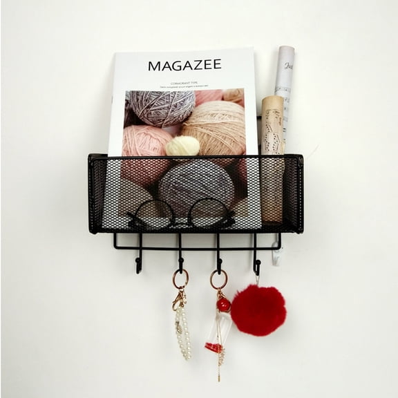 WORGEOUS Wall Mounted Storage Rack Iron Art Mesh Storage Shelf with Hook for Kitchen Bathroom (Black)