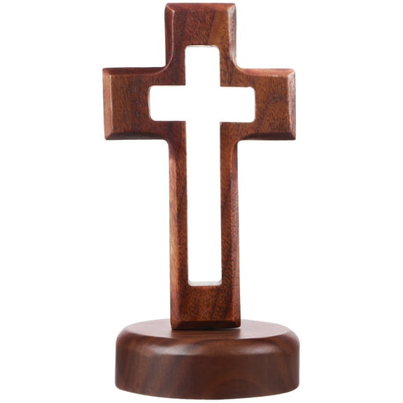 Brown Wooden Cross Ornament with Flowershaped Base for Tabletop Decoration 6.3 inches