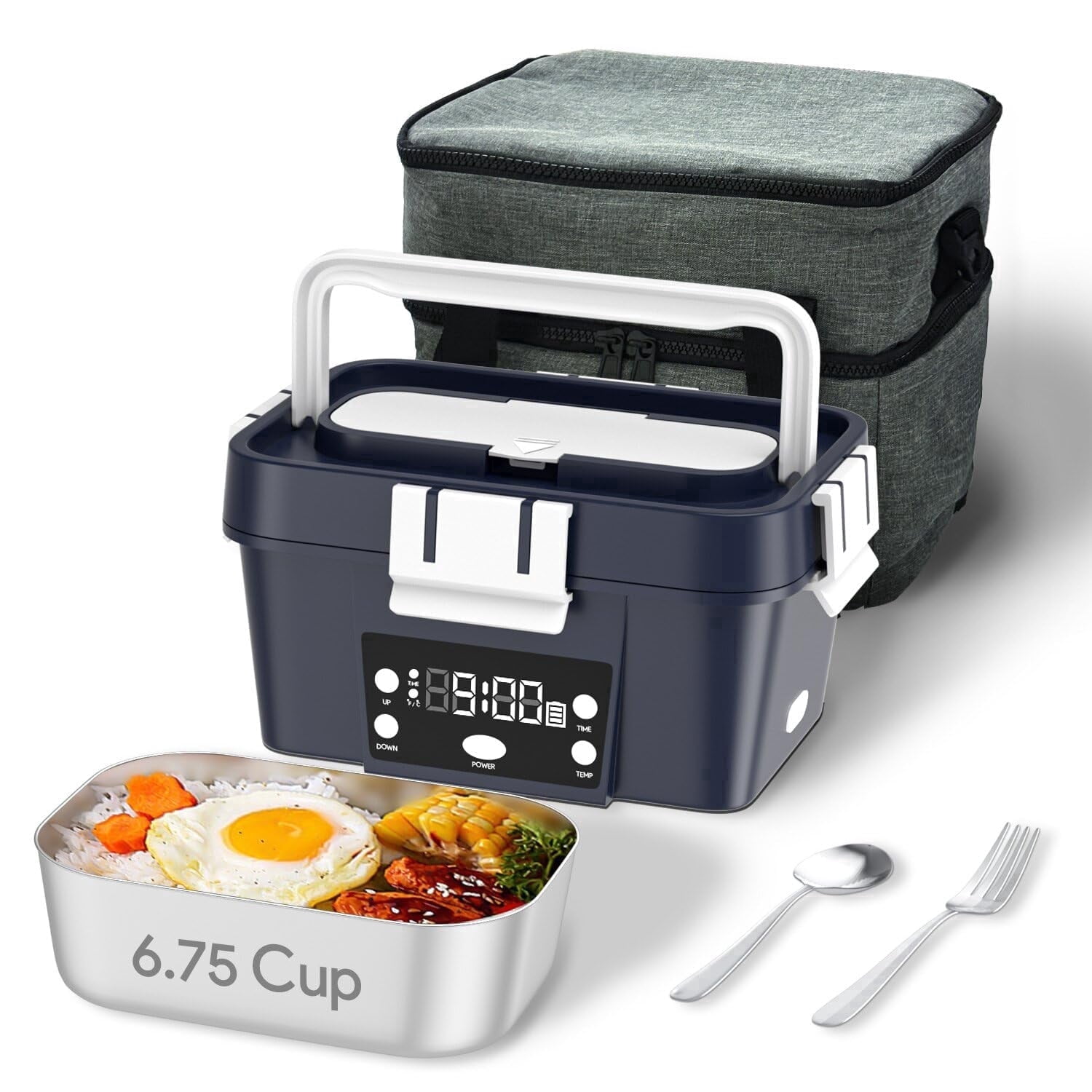 WORKHAW Electric Lunch Box, 6.75 Cup Automatic Food Warmer (212°F), Rechargeable Portable Heated Meal Container for Office, Travel, Outdoor (Dark Blue)