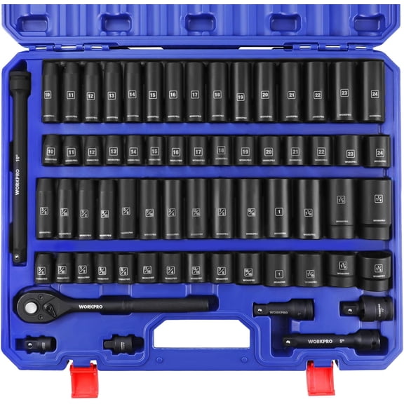 WORKPRO 65-Piece 1/2-Inch Drive Impact Socket Set, SAE and Metric Deep & Shallow 6-Point Cr-V Sockets with Ratchet, Extensions, Adapters and Case