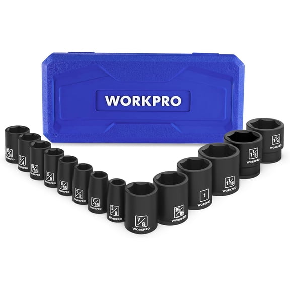 WORKPRO 14-Piece 1/2-Inch Drive SAE Shallow Impact Socket Set, 3/8-1-1/4 Inch 6-Point Cr-V Steel Sockets with Storage Case for Automotive Repair