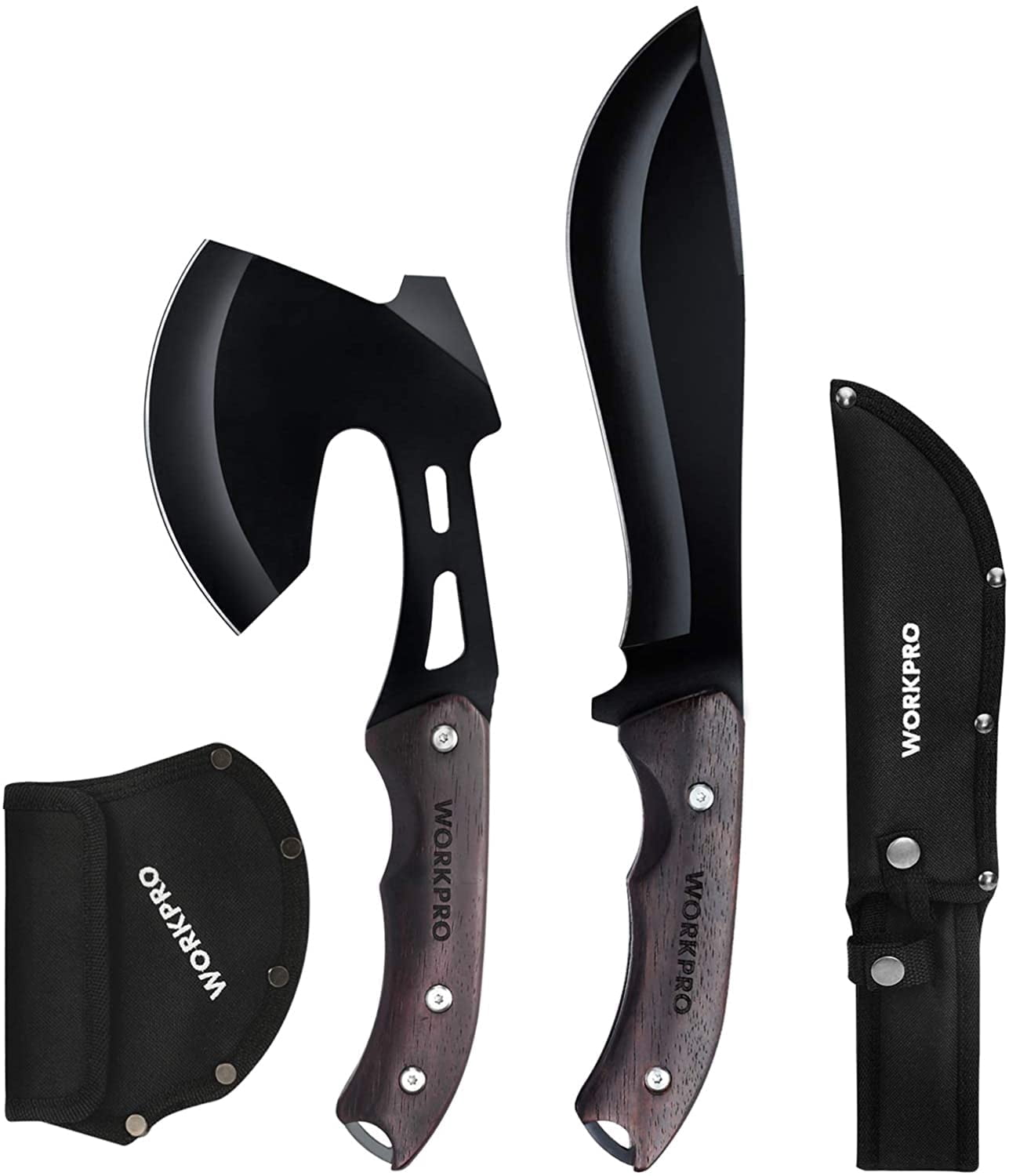 WORKPRO 10-inch Axe and 13-inch Fixed Blade Knife Combo Set, Blade Length 4.75-inch & 7.75-inch, Full Tang, Wood Handle, Nylon Sheath Included-Black