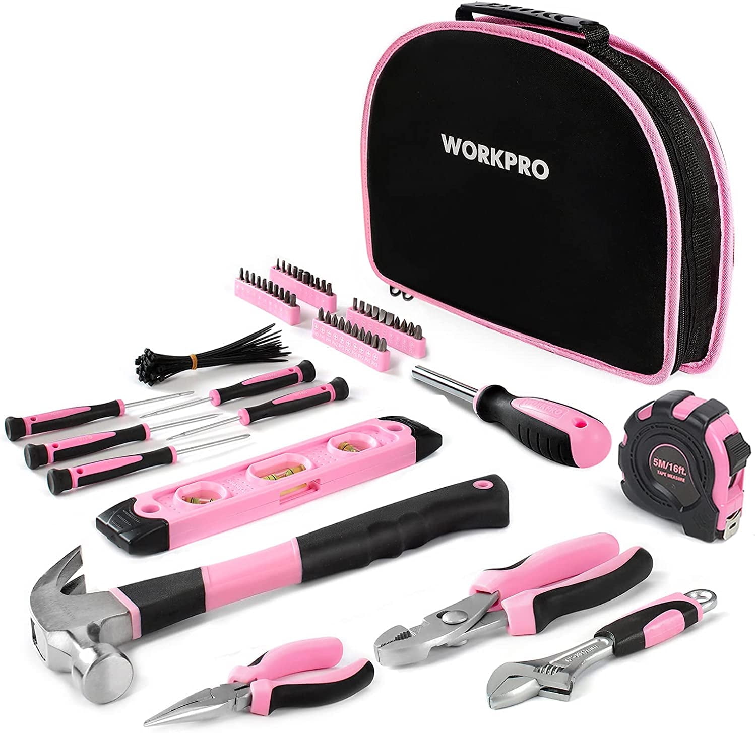 WORKPRO 103-Piece Pink Tool Kit - Ladies Hand Tool Set with Easy Carrying Round Pouch - Durable, Long Lasting Chrome Finish Tools - Perfect for DIY, Home Maintenance - Pink Ribbon
