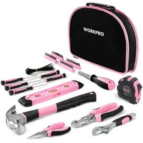 WORKPRO 103-Piece Pink Tool Kit - Ladies Hand Tool Set with Easy Carrying Round Pouch - Durable, Long Lasting Chrome Finish Tools - Perfect for DIY, Home Maintenance - Pink Ribbon
