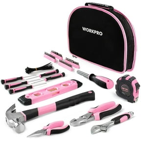 WORKPRO 103-Piece Pink Tool Kit - Ladies Hand Tool Set with Easy Carrying Round Pouch - Durable, Long Lasting Chrome Finish Tools - Perfect for DIY, Home Maintenance - Pink Ribbon