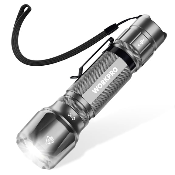 WORKPRO 1200 Lumens Rechargeable Tactical Flashlight, EDC Mini Pocket Light with Zoom Focus, 7 Modes, Battery Included, Gray