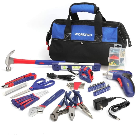 WORKPRO 125-Piece Household Tool Kit – 3.6V Rechargeable Screwdriver & Home Repair Basic Tool Set with 13-inch Easy Carrying Tools Bag, 125 Pcs (W009068A)
