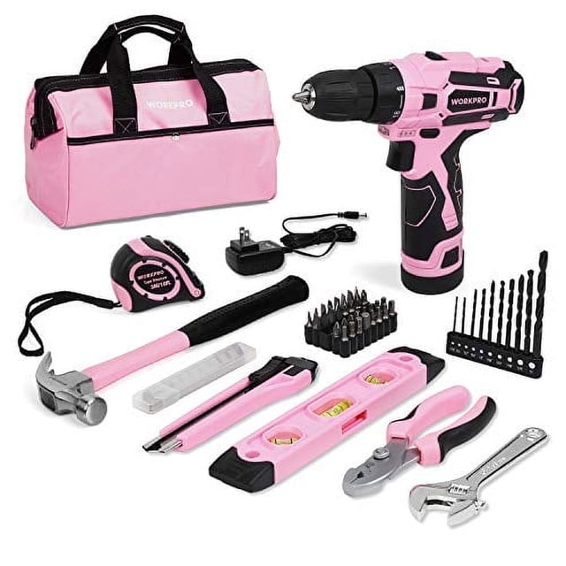 WORKPRO 12V Cordless Drill Driver Kit, Power Tool Kit for Home, 61-Piece Hand Tool Set, 14-inch Storage Bag, 1.5Ah Lithium-ion Battery & Charger included (Pink)