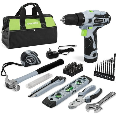 WORKPRO 12V Cordless Drill Driver Kit, Power Tool Kit for Home, 61-Piece Hand Tool Set, 14-inch Storage Bag, 1.5Ah Lithium-ion Battery & Charger included