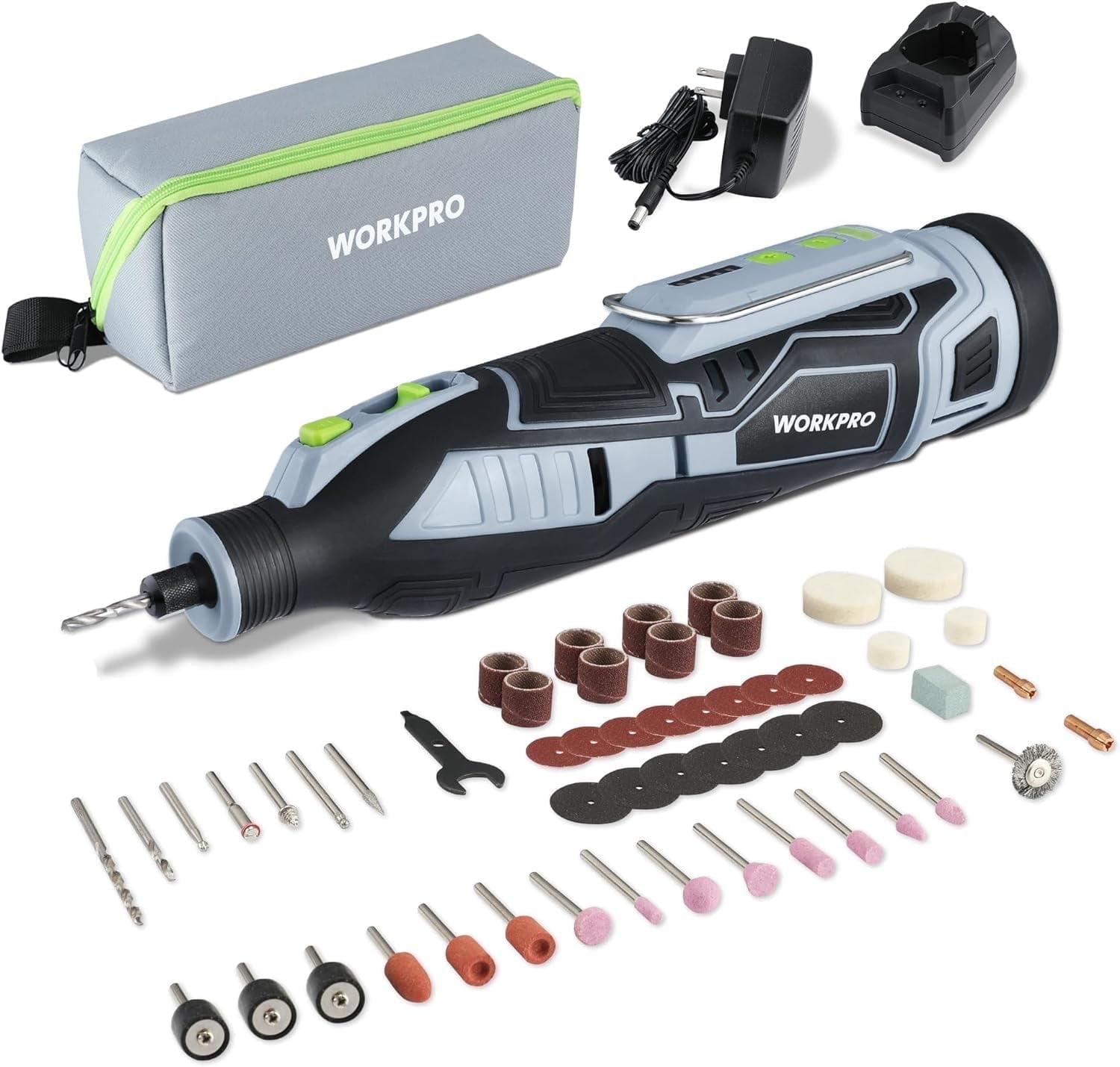 WORKPRO Taladro rotatorio inalámbrico de 12V, 5 velocidades variables, grabador potente, lijadora, pulidora, 114 accesorios de cambio fácil, herramienta de manualidades para handmade y DIY