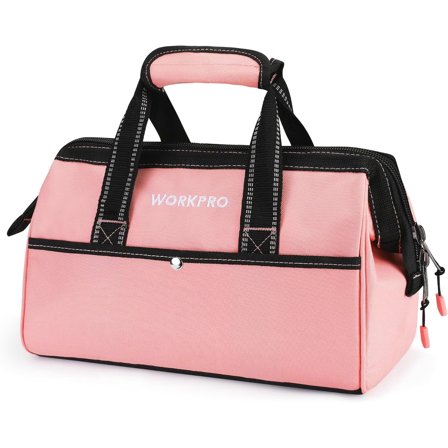 WORKPRO 13-Inch Tool Bag, Pink Soft Cloth Tool Storage Bags, Wide Mouth Tool Tote Bag with Inside Pockets - Pink Ribbon