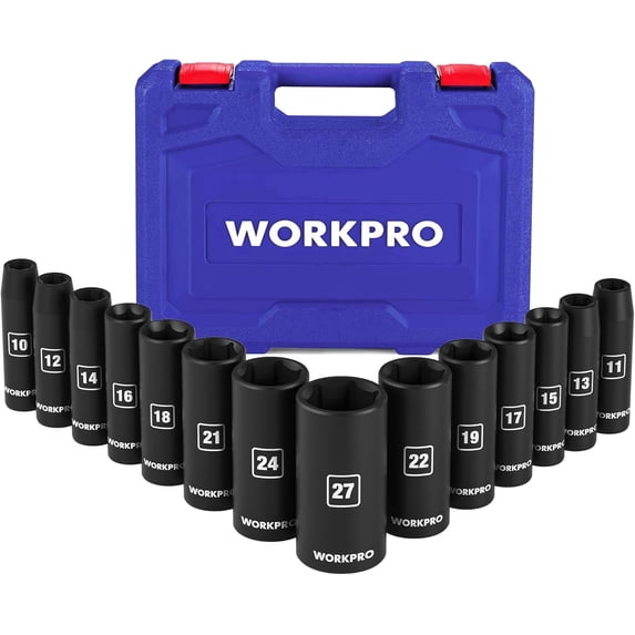 WORKPRO 14-Piece 1/2-Inch Drive Metric Deep Impact Socket Set, 10-27mm 6-Point Heat-Treated Cr-V Steel Sockets with Storage Case